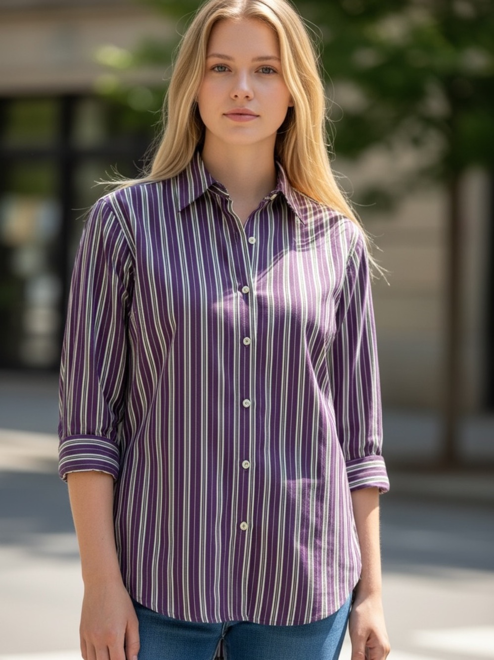 RALPH LAUREN AMERICAN LIVING PURPLE & WHITE STRIPES BUTTON DOWN FITTED BLOUSE M